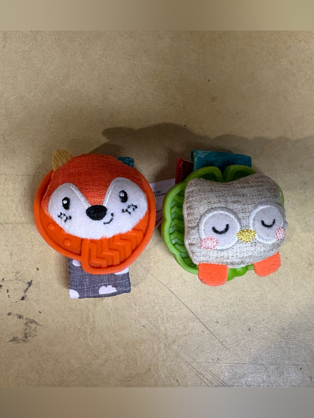 Plush Fox and Owl Baby Wrist Rattles - Orange & Gray